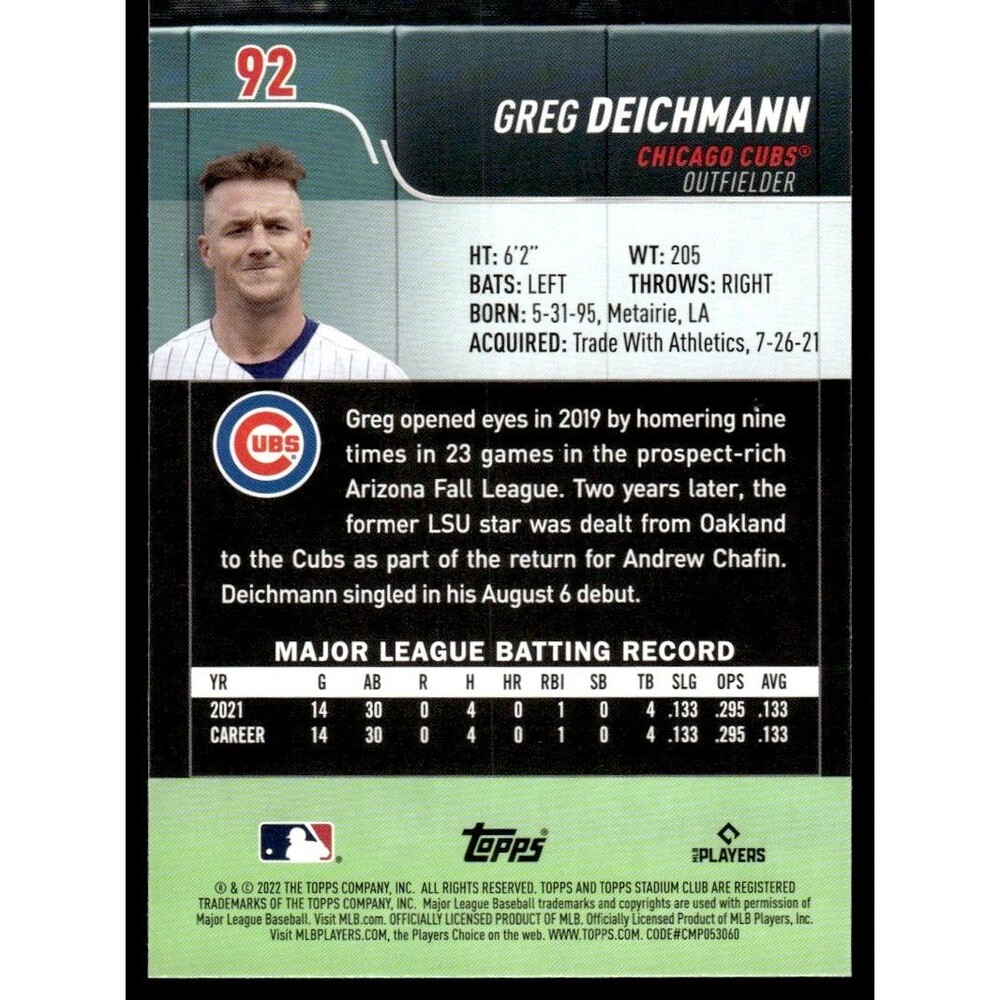 2022 Stadium Club Greg Deichmann RC Chicago Cubs #92 Red Foil - Picture 2 of 2